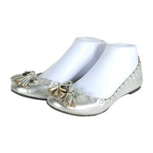 TORY BURCH Women's Reese US 6,5M Silver Leather Tassels Logo SlipOn Ballet Flats